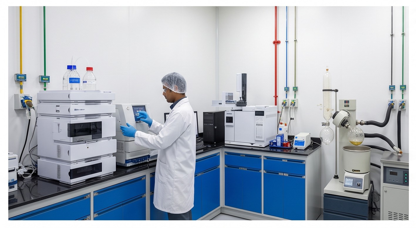 Pharmaceutical laboratory with scientist and analytical equipment